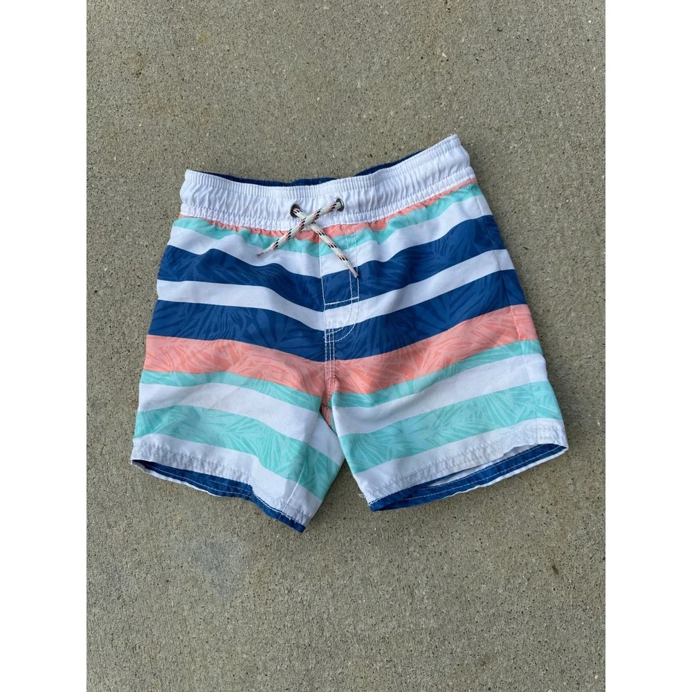 OshKosh B'gosh Boys 2T Swim Trunks MultiColor Striped Tropical Mesh Lined Shorts